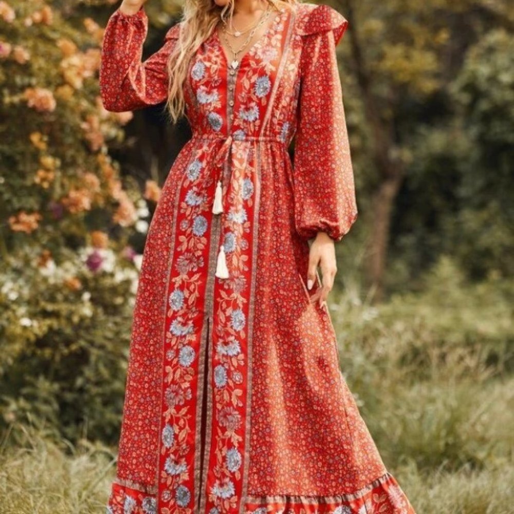 red Floral Ruffle detailed Drawstring Waist Split Hem Maxi Cottagecore Dress - Picture 6 of 6